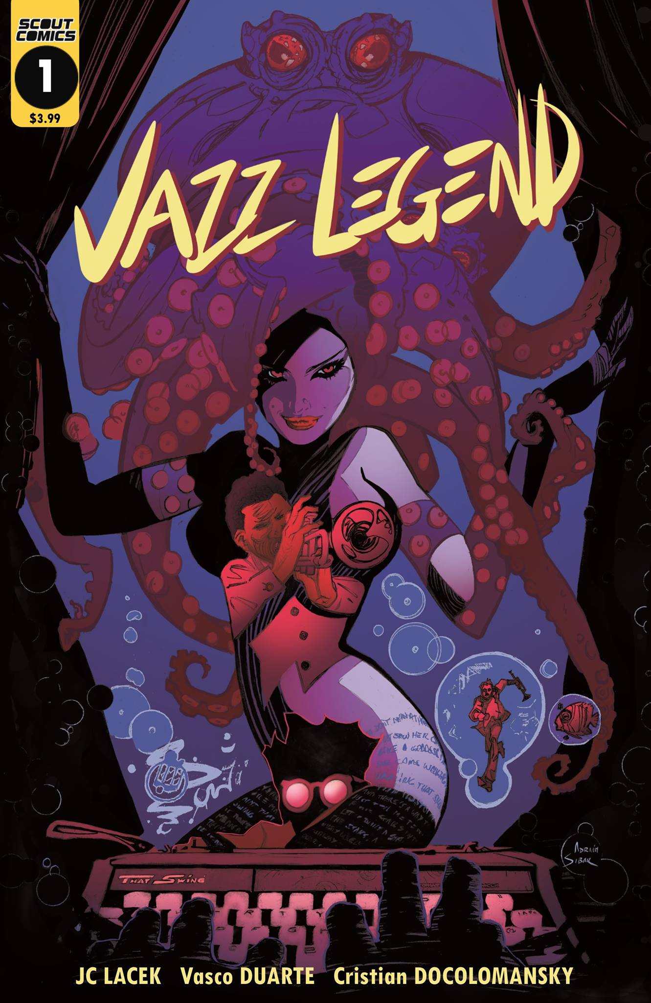 Psychedelic artwork of a naked woman, a jazz player, and an octopus like creature, with the title "Jazz Legend"