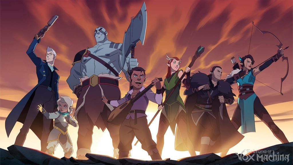 An image from The Legend of Vox Machina, showing Percy, Pike, Grog, Scanlan, Keyleth, Vax'ildan, and Vex'ahlia with their weapons drawn and the sun behind them