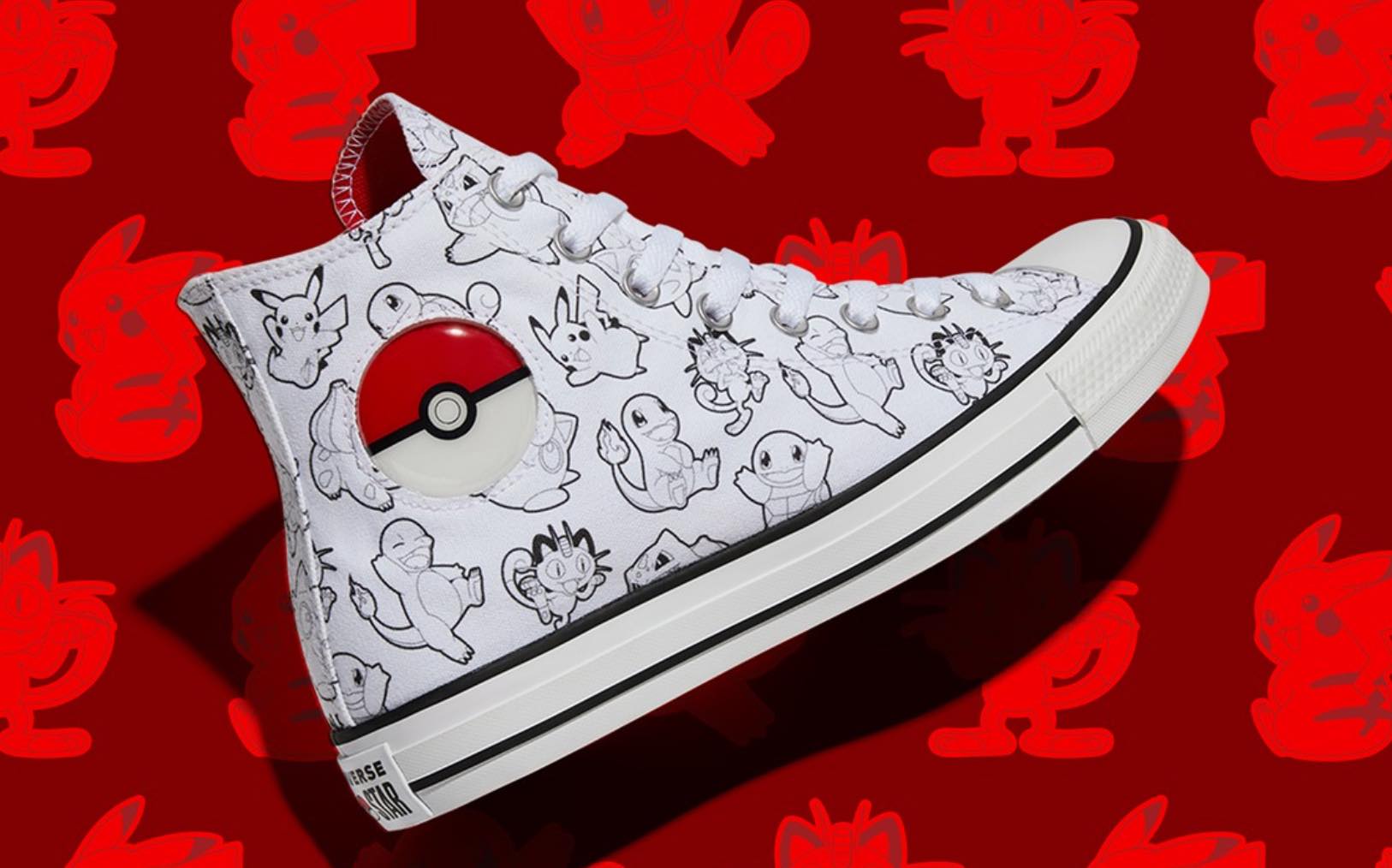 One Converse shoe featuring black drawings of Pokemon on white fabric with a pokeball on the ankle area. The shoe is shown on a red tinted repeating background of Pikachu and other Pokemon