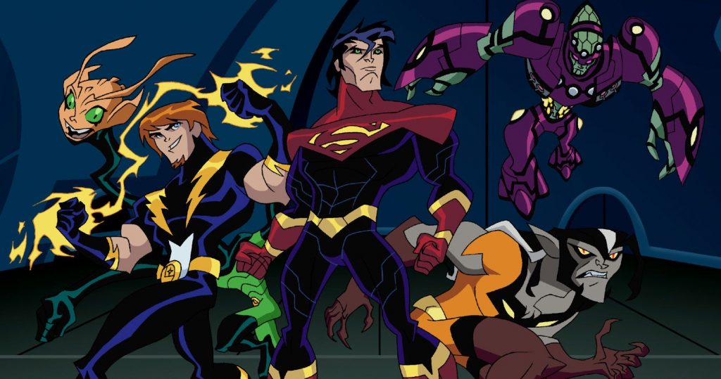 A screencap from the 2006 Legion of Superheroes show featuring Superman, Lightning Lad, Brainiac 5, Timber Wolf, and Chameleon Boy in animated form. They are standing together as though ready for battle. 