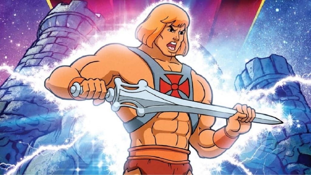 Prince Adam definitely yelling, "By the power of greyskull," and lightening is coming out his body