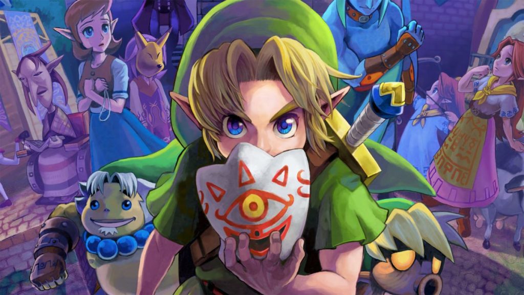 Link about to put on a mask surrounded by friends and enemies 