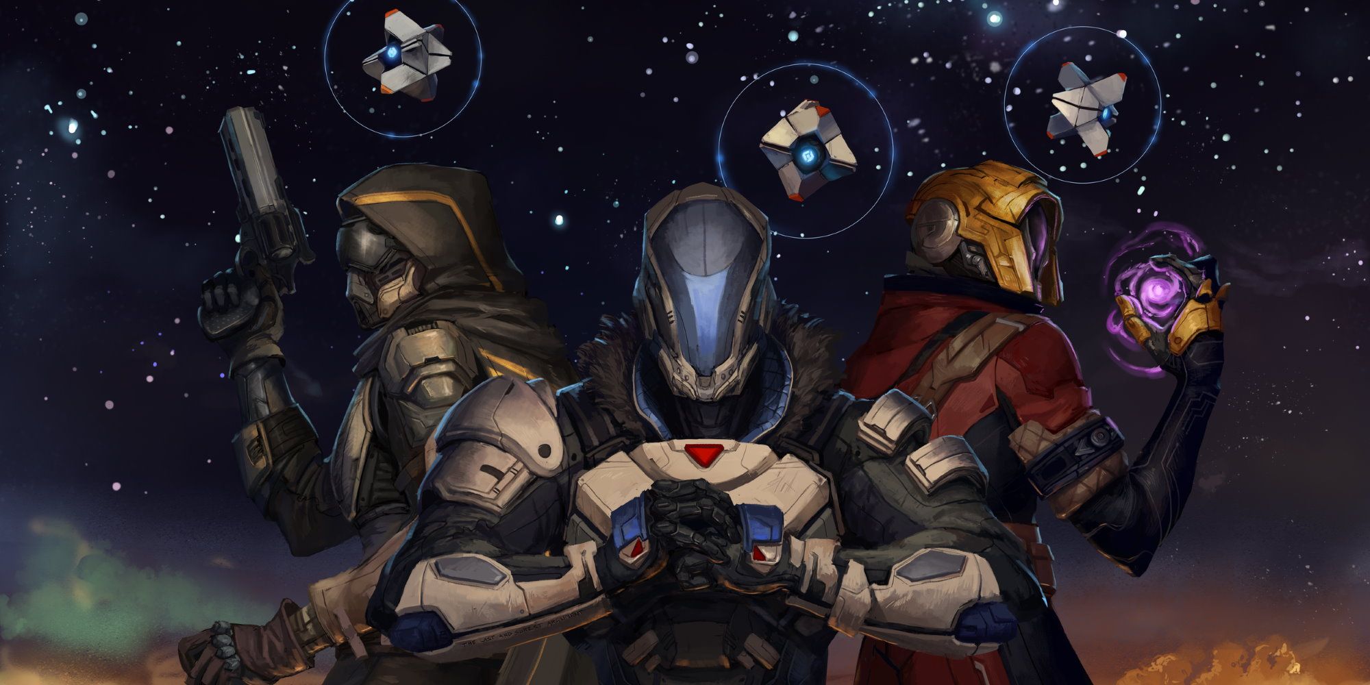 Destiny art featuring the three Guardian classes