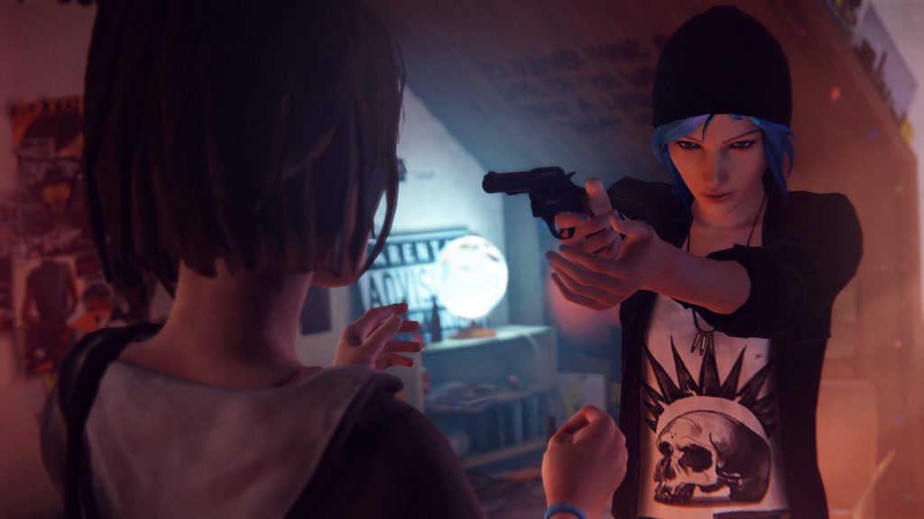 Chloe holding the gat and its pointed at her BFF
