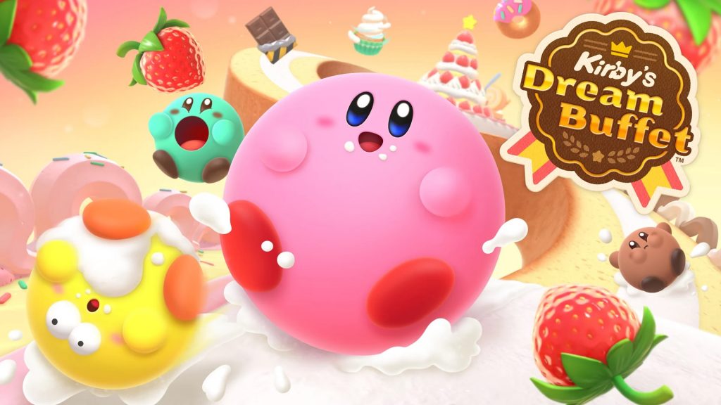 Pinky kirby, green kirby, bouncing on whip cream. Therre are strawberries and pieces of chocolate in the sky